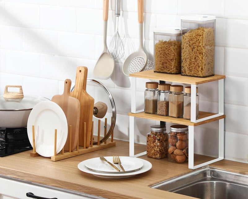 Marsui 4 Pcs Kitchen Organizer Accessories Set Cabinet Organizer Shelf and Bamboo Dish Drying Plate Rack Counter Shelves Storage Holder for Spice Rack, Dish, Pot Lid, Bowl, Cup(Wooden Color) - Image 4